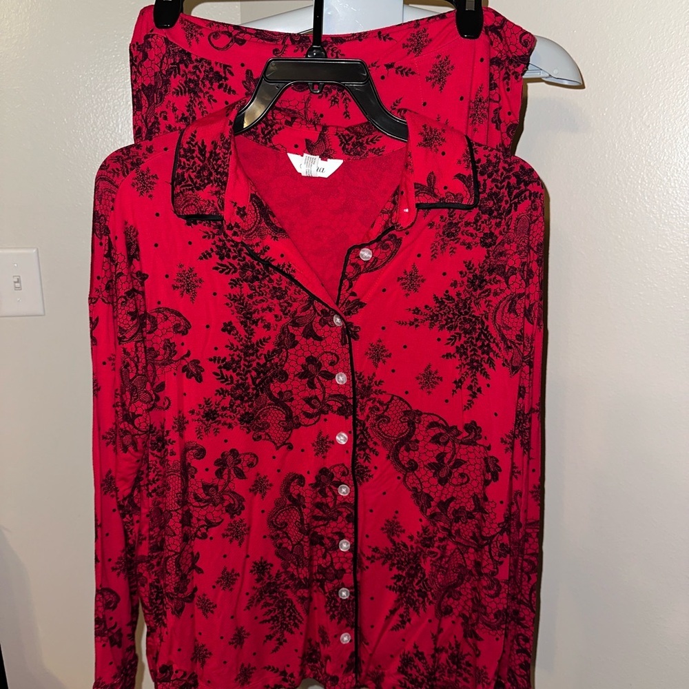 Soma Cool Nights Pajama Set Large | Red Black Print Button Front PJs